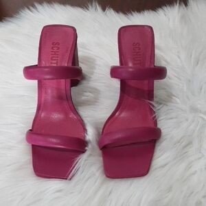SCHUTZ Ully Fuschia Double-Strap Square-Toe Slide Sandals